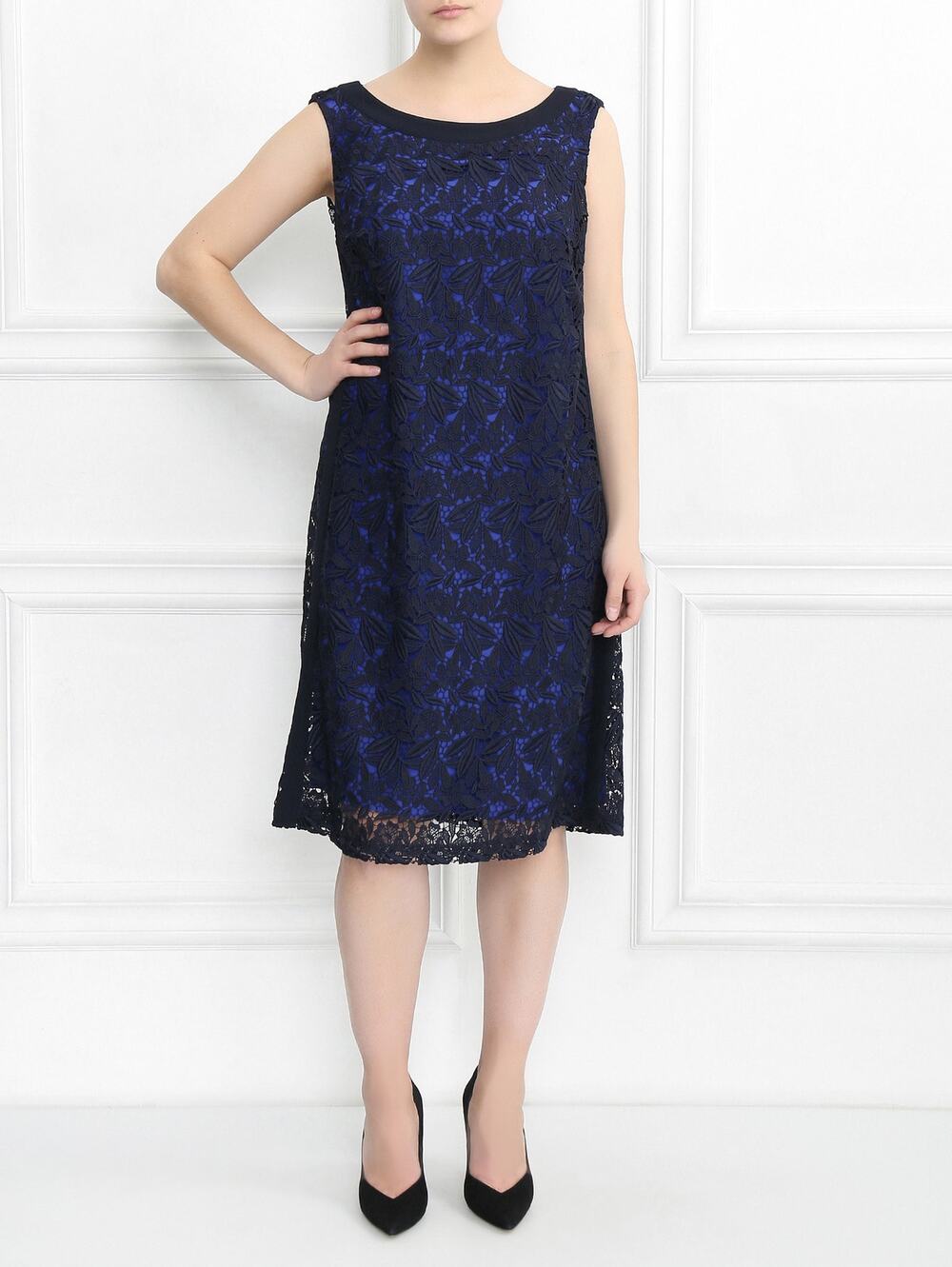NWT Marina Rinaldi Lace Embroidery Midi Dress Dark Navy US 18 Party Glams Luxury